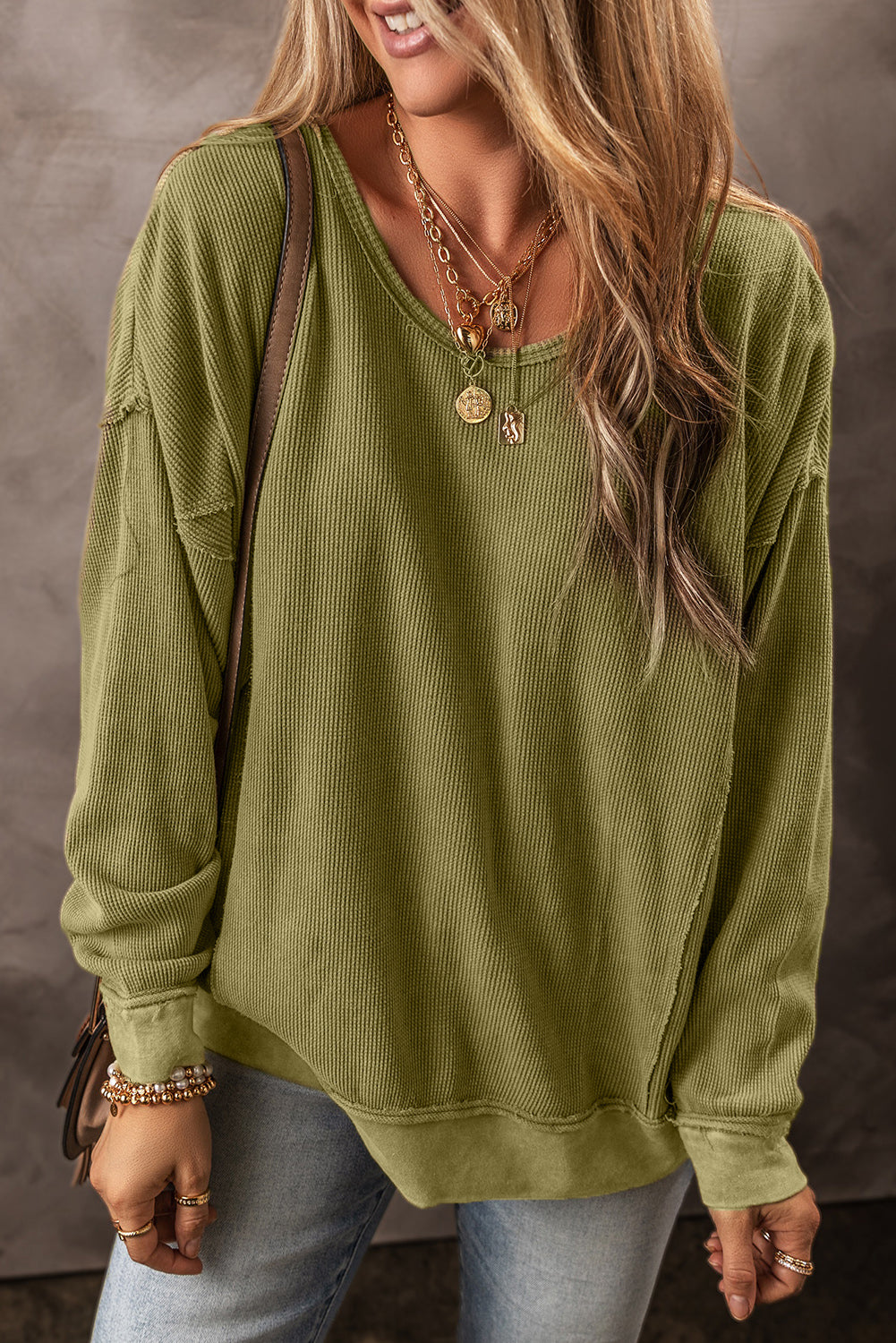 Jungle Green Textured Seam Drop Sleeve Sweatshirt