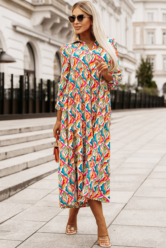 High waisted dress with long sleeves and multi-colored abstract geometric print