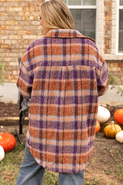 Veste Boutonnée à Col Imprimé à Carreaux Multicolore de Grande Taille