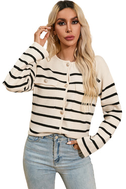 Black striped button cardigan with flap pocket