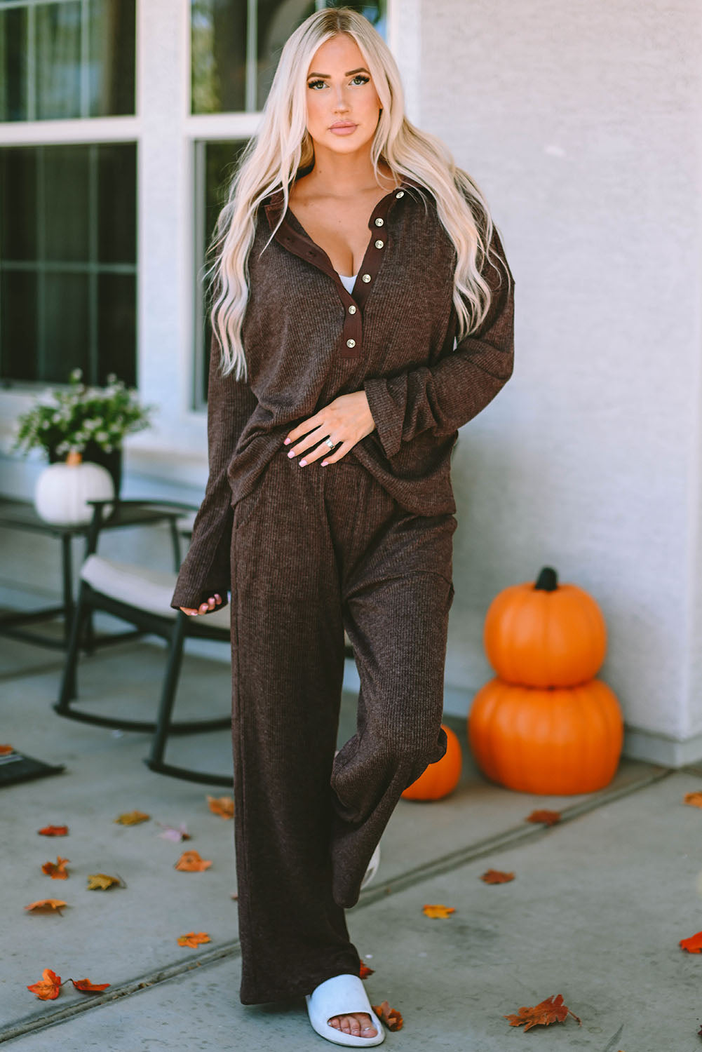 Brown Caned Caned Collared Henley Top and Pants Lounge