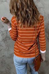 Extend Brown Ribbed Knit Striped Sweater with Color Block Cuffs