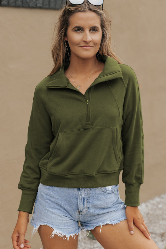 Green zip up Stand Collar Sweat-shirt