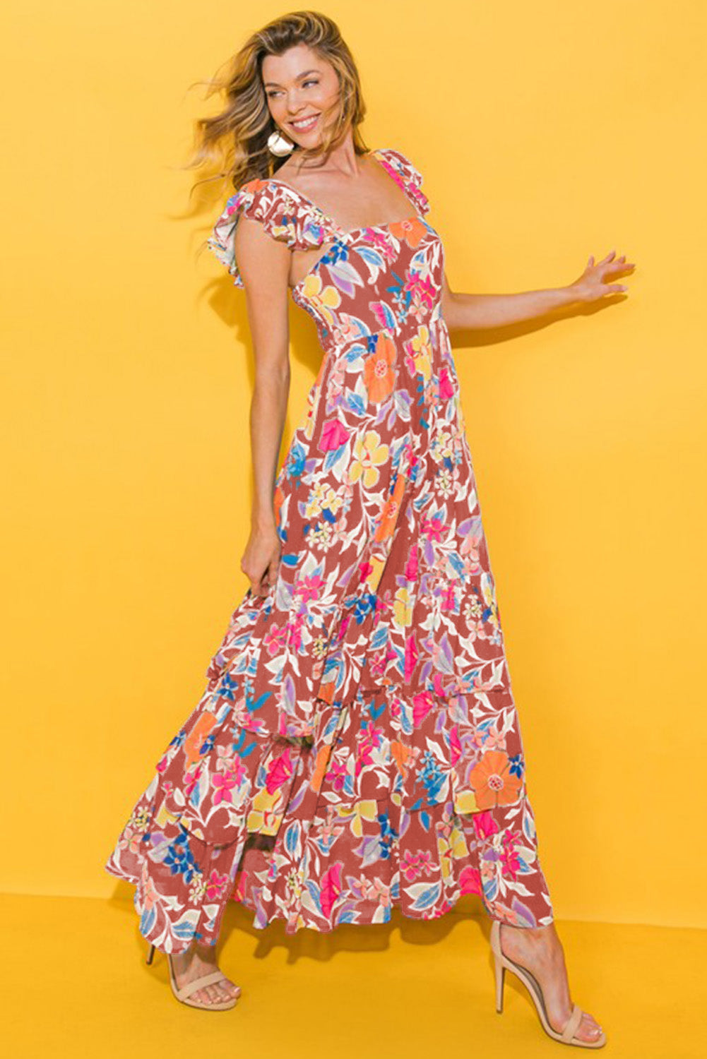 Robe longue à volants et à volants sans manches à imprimé floral rose