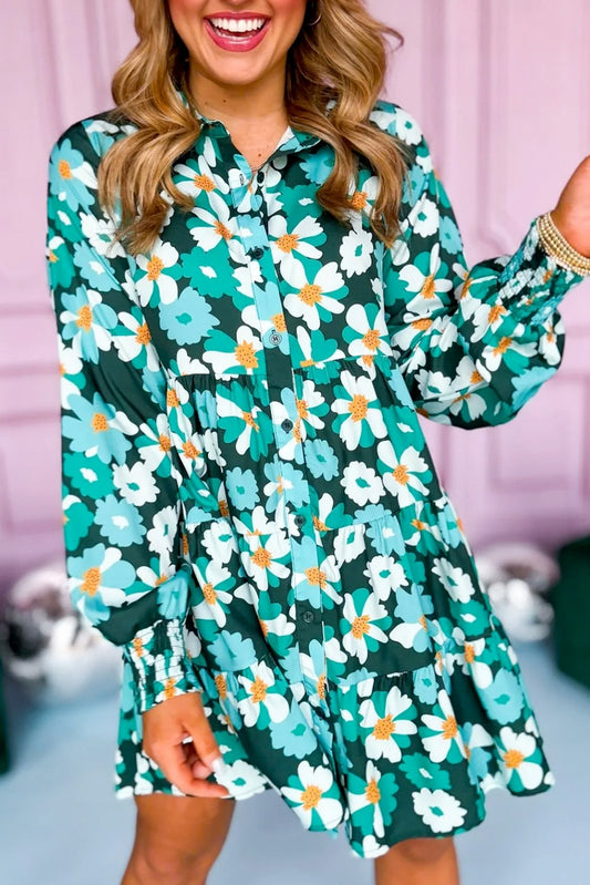 Green floral shirt dress with long puffed sleeves