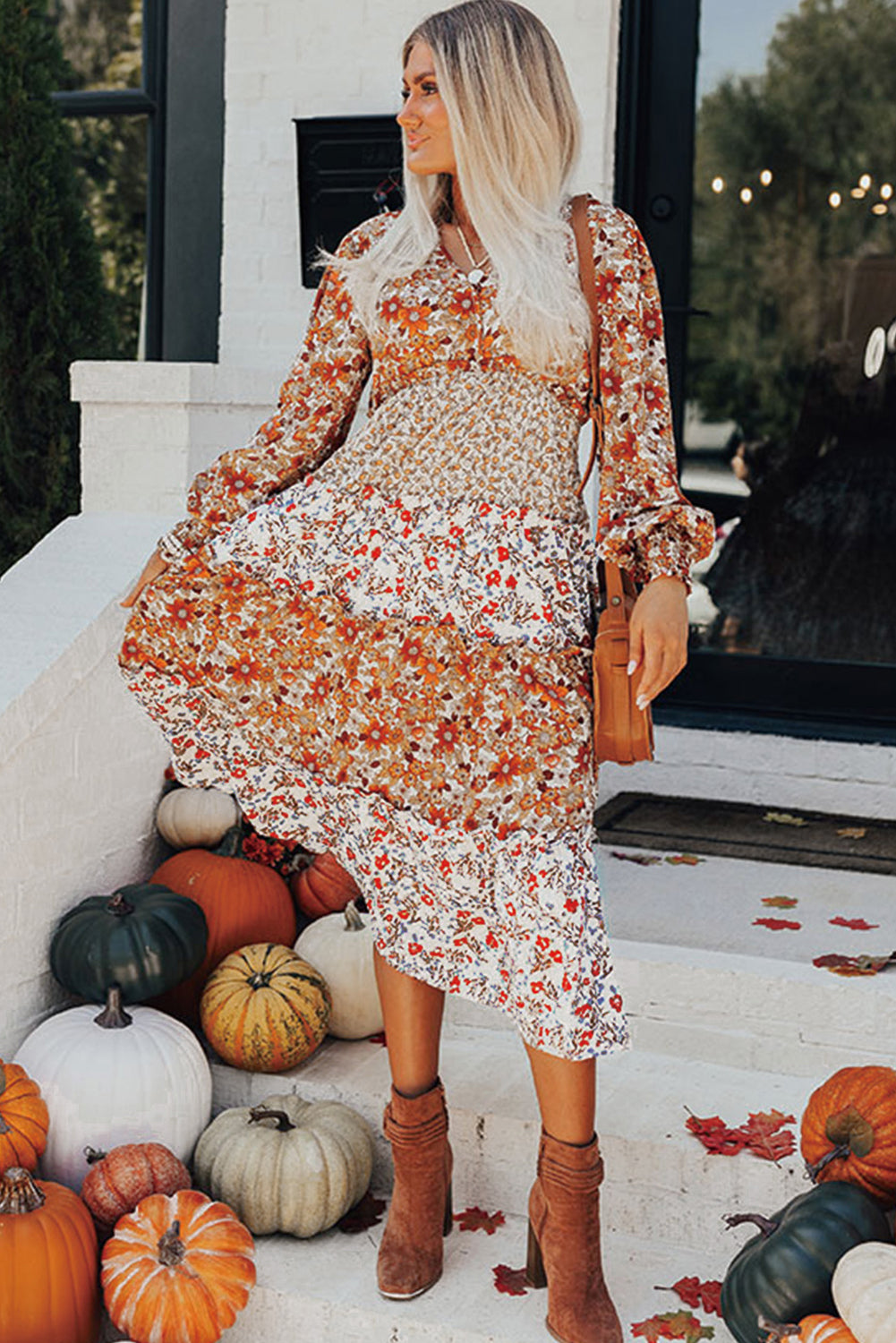 Khaki Floral Print Ruffle Midi Dress with Long Sleeves and V-Neck