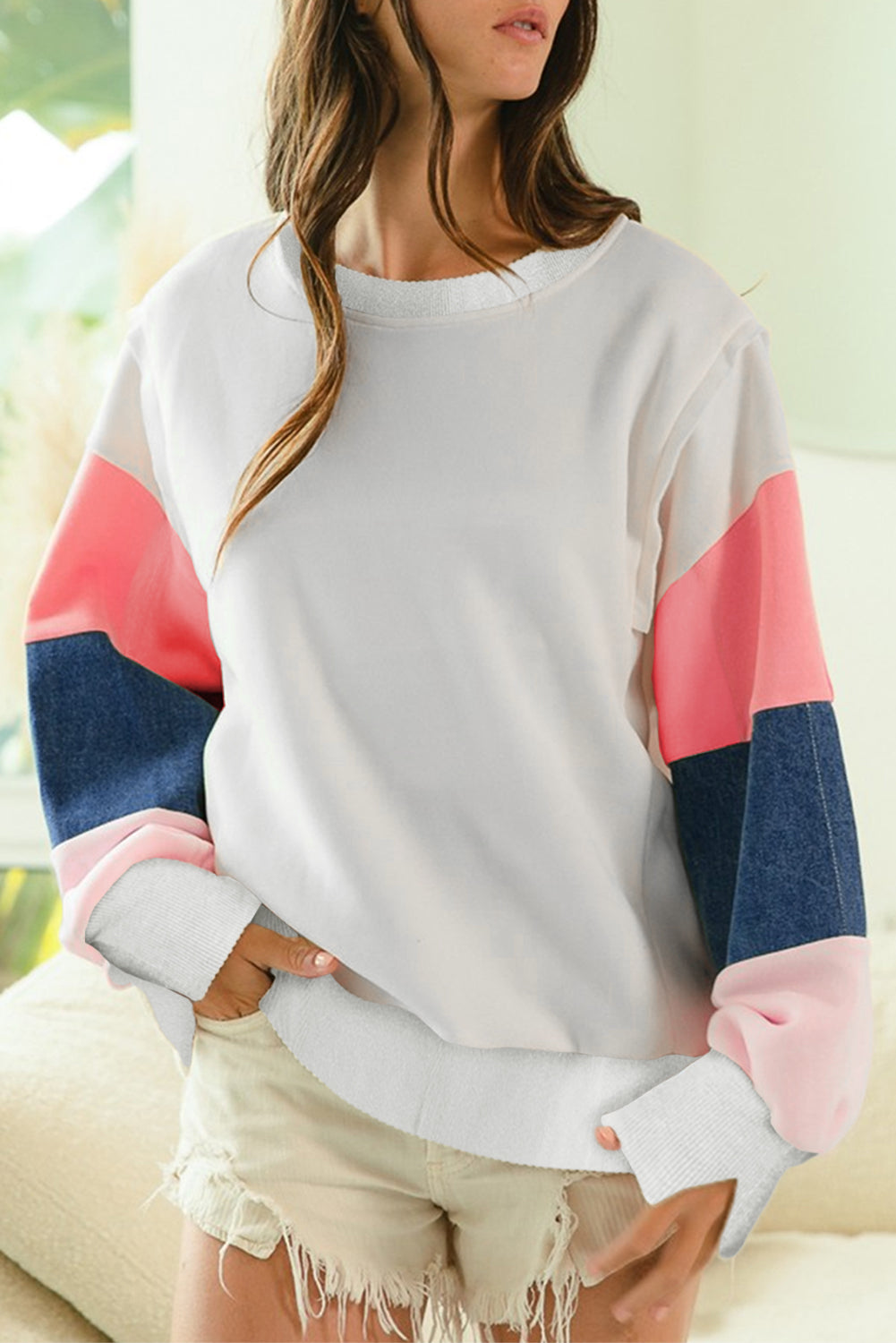 White long sleeve French Terry color block top