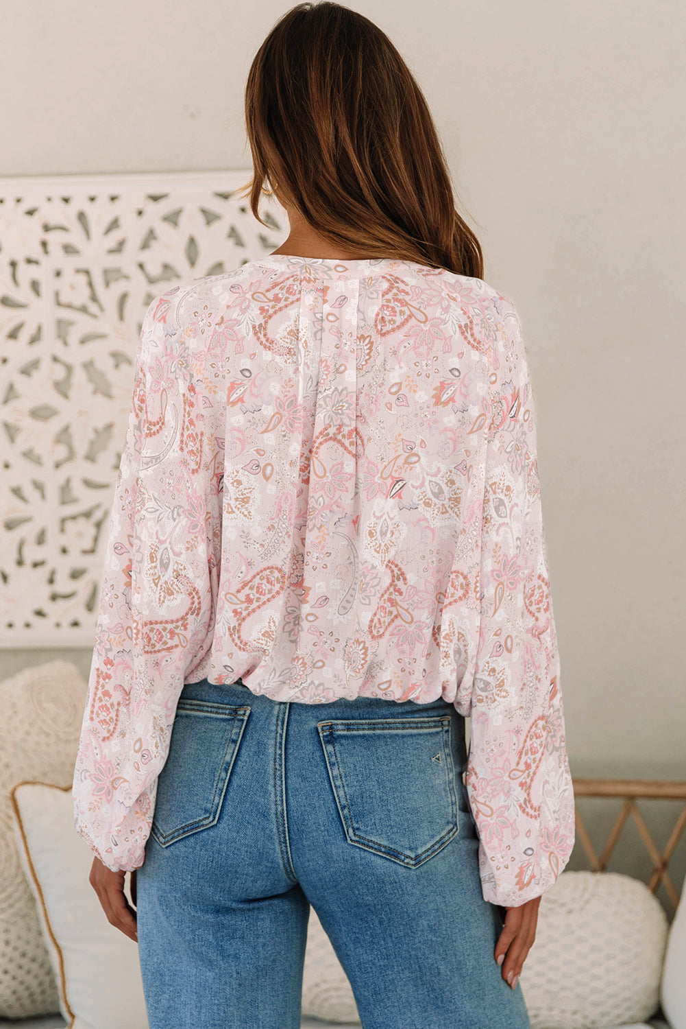 Pink Paisley Druckknöpfe Bubble Sleeve Bluse