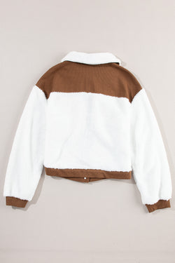 Chestnut corduroy fuzzy jacket with contrasting color blocks and patchwork