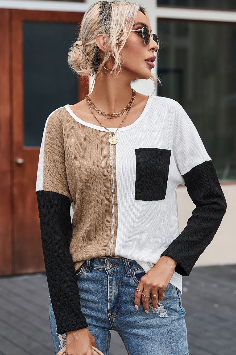 Black Long Sleeve Colorblock Chest Pocket Textured Knit Top