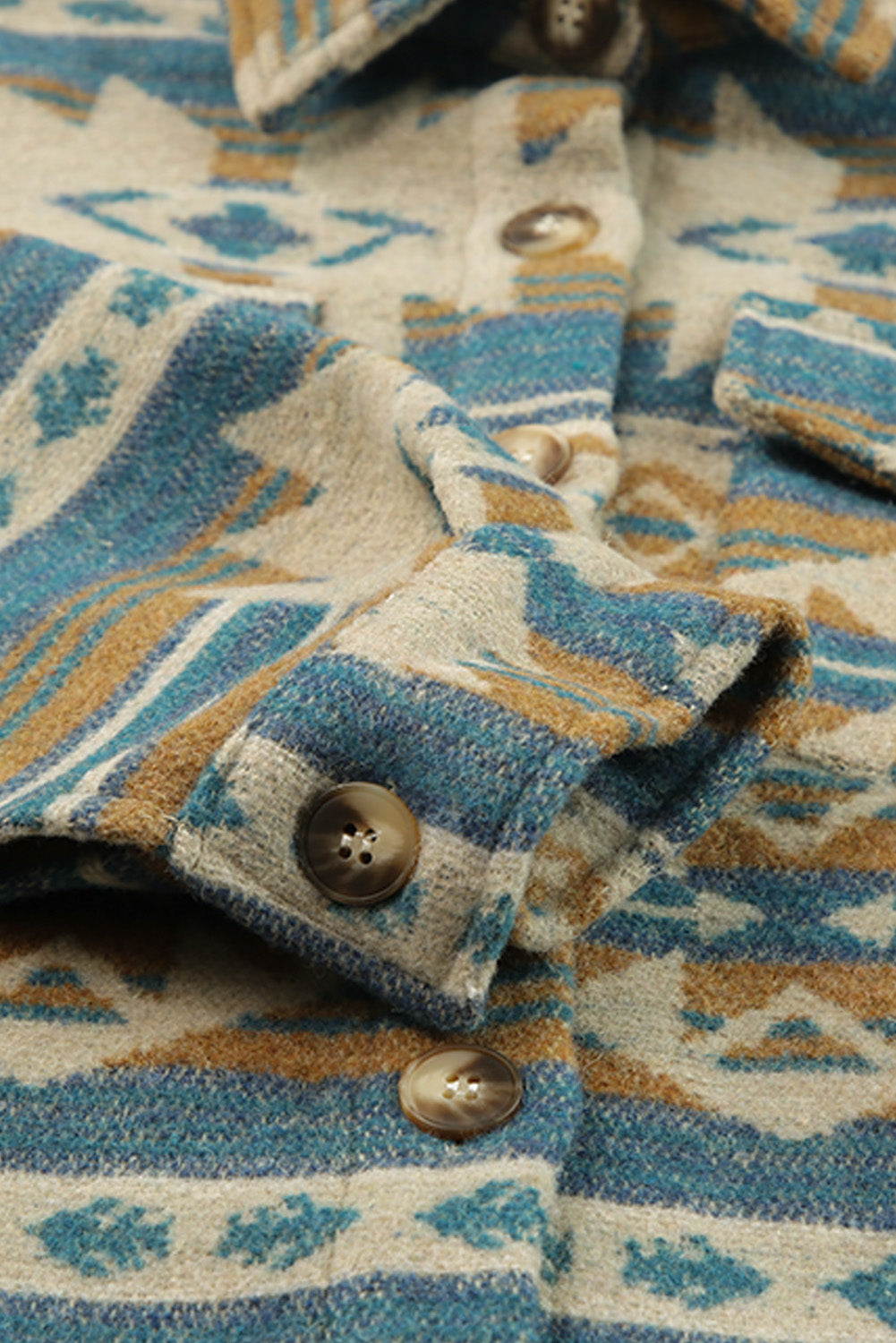 Blue Western Aztec Print Button Bouton Pocket Shacket