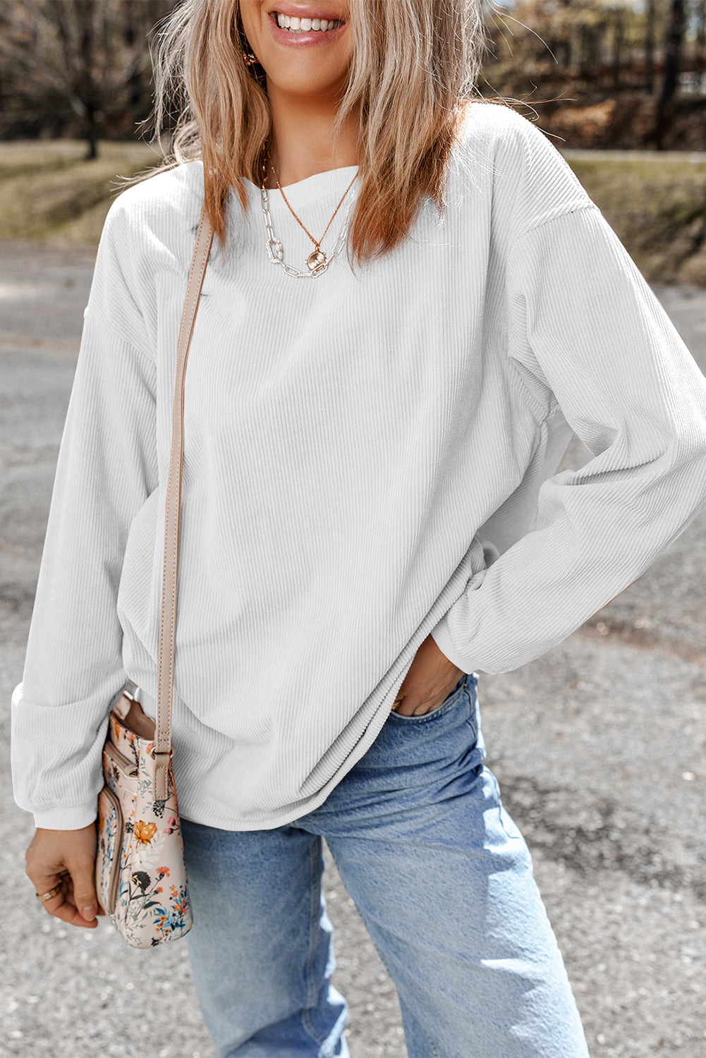 White Ribbed Corduroy Oversized Sweatshirt