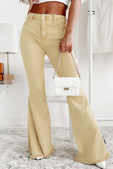 Khaki flared jeans with raw edges, medium size