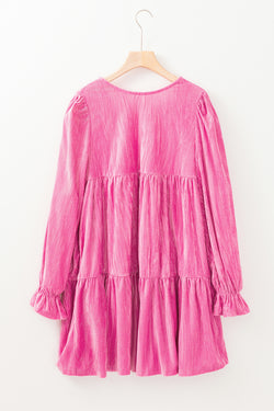 Velvet mini-rib and ruffled sleeves pink strawberry