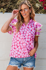Blouse rose à manches volantées superposées Ric Rac contrastée à fleurs-A WOMAN WE LOVE