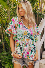 Chemisier blanc à manches courtes et à volants à imprimé floral tropical-A WOMAN WE LOVE