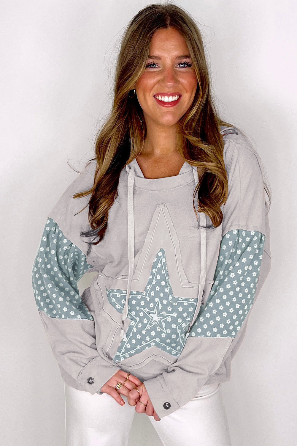 Beau Blue Floral Patchwork Star Print Drawstring Hoodie