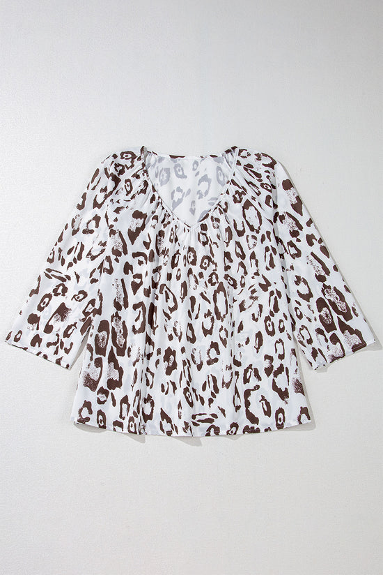 Leopardo impresa de blusa de color caqui reunido con collar V *