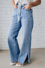 Jean à taille haute avec cordon de serrage bleu