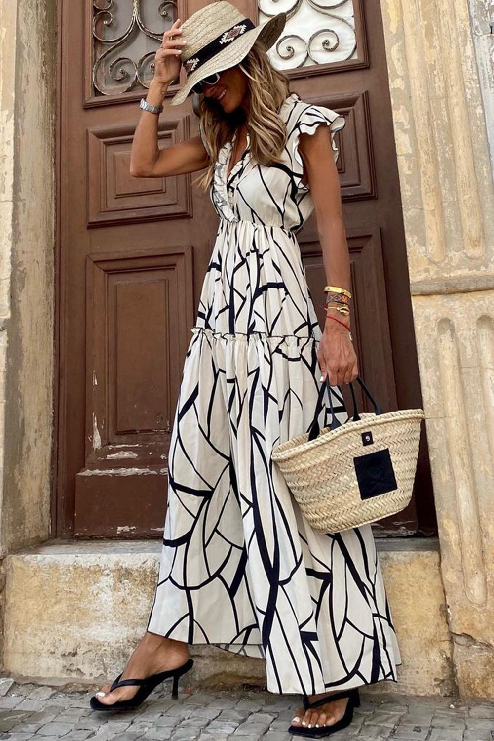 Blanc Abstract Vein Print V Neck Ruffle Maxi Robe