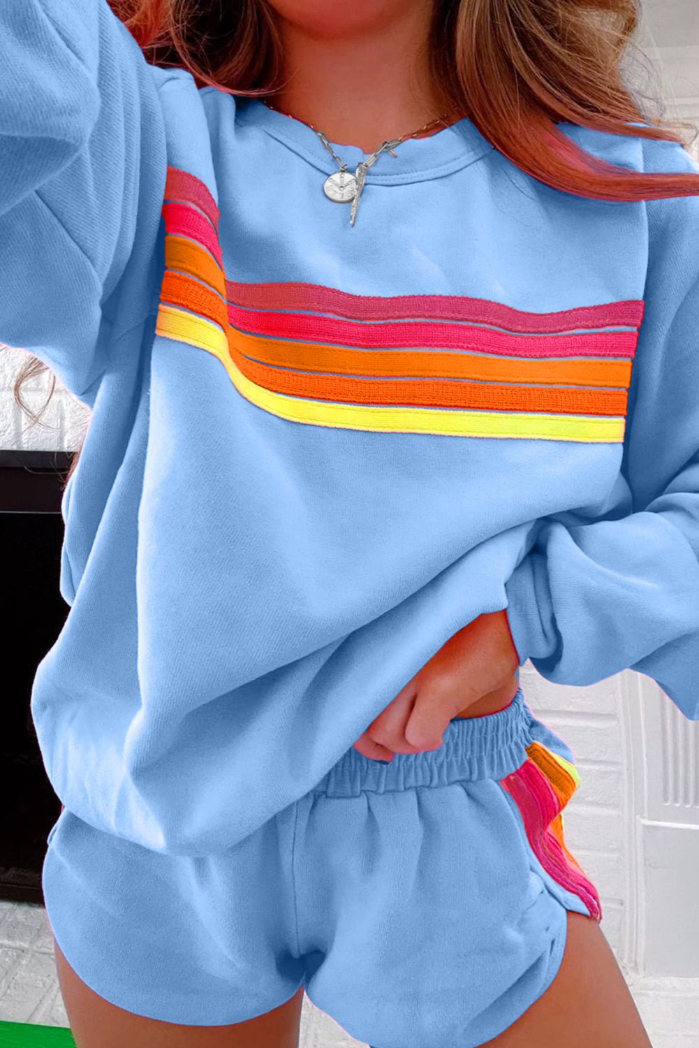 Beau Blue Striped Sweater and Shorts Casual Two Piece Set