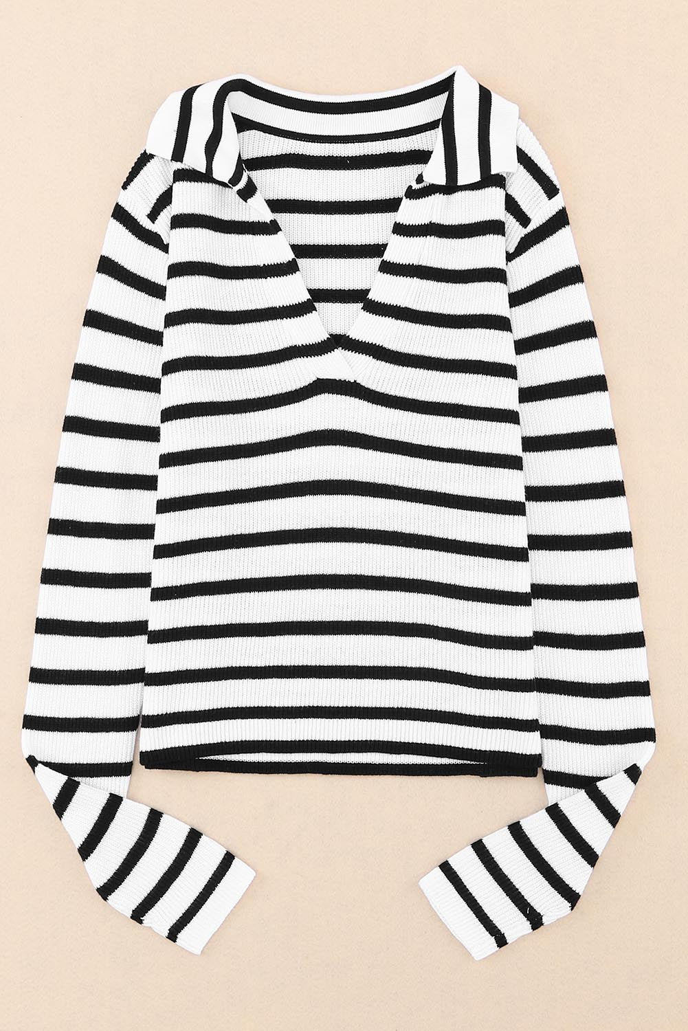 Stripe Colled V Neck Lightweight Knit Casual Sweater