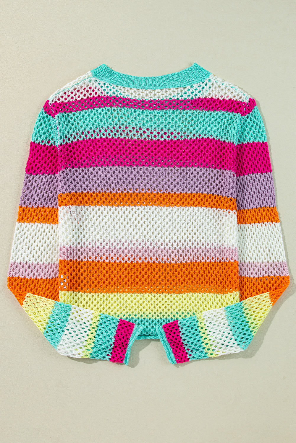 Pink Red Color Block Patchwork Knit Eyelet Sweater