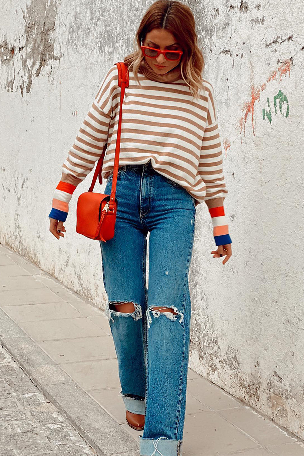 Brown Striped Color Block Turtleneck Sweater with Bishop Sleeves