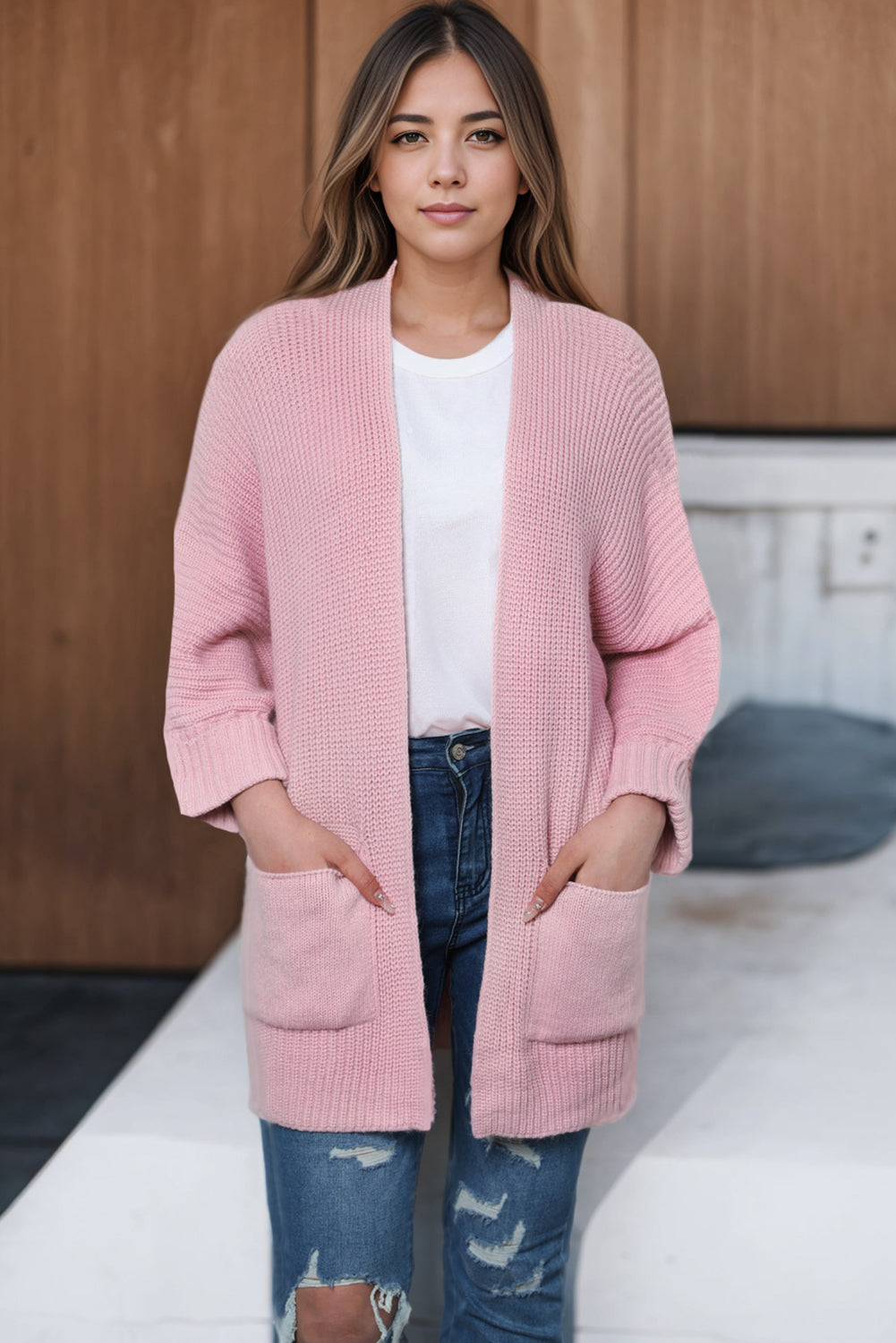 Pink Open Front Oversized Cardigan with Folded Sleeves