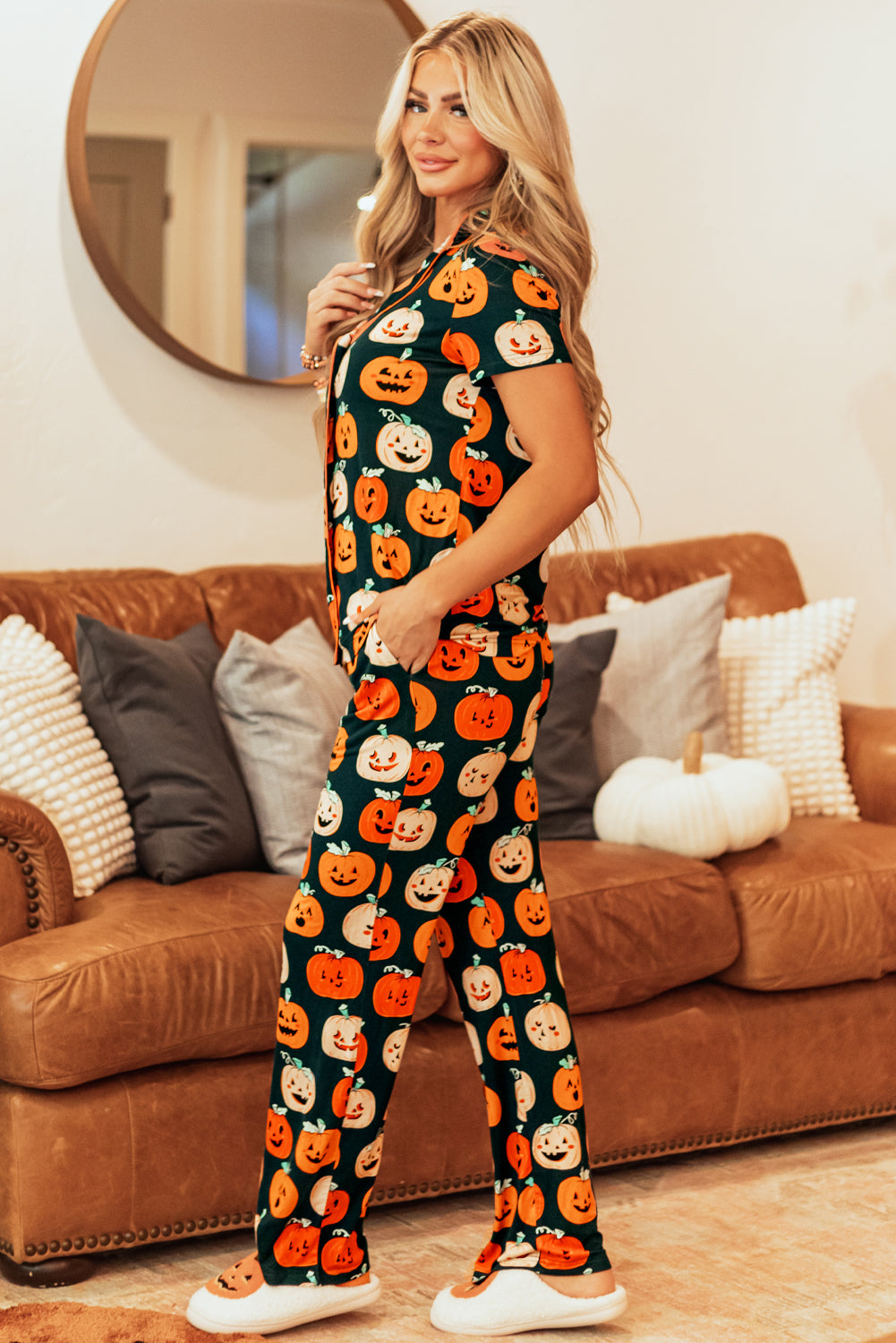 Ensemble pyjama chemise à manches courtes à motif d'Halloween orange-A WOMAN WE LOVE
