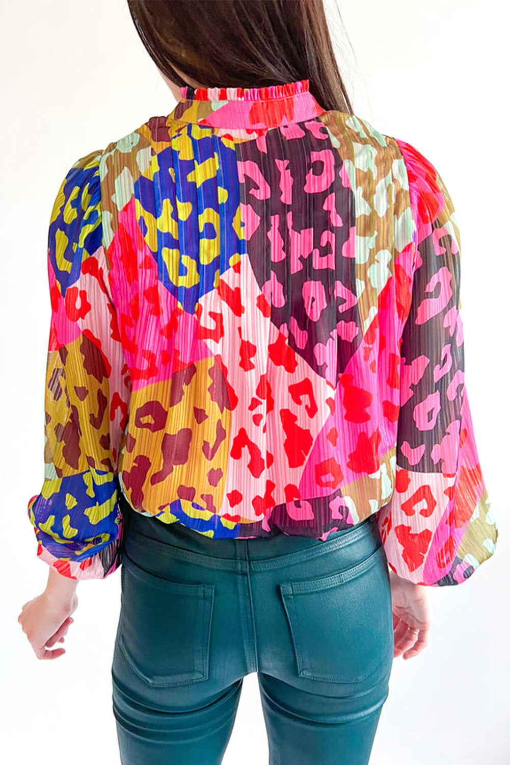 Blouse plissée à imprimé patchwork Rose Leopard