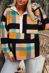 Sweat-shirt noir à col demi-bouton et poche à imprimé écossais