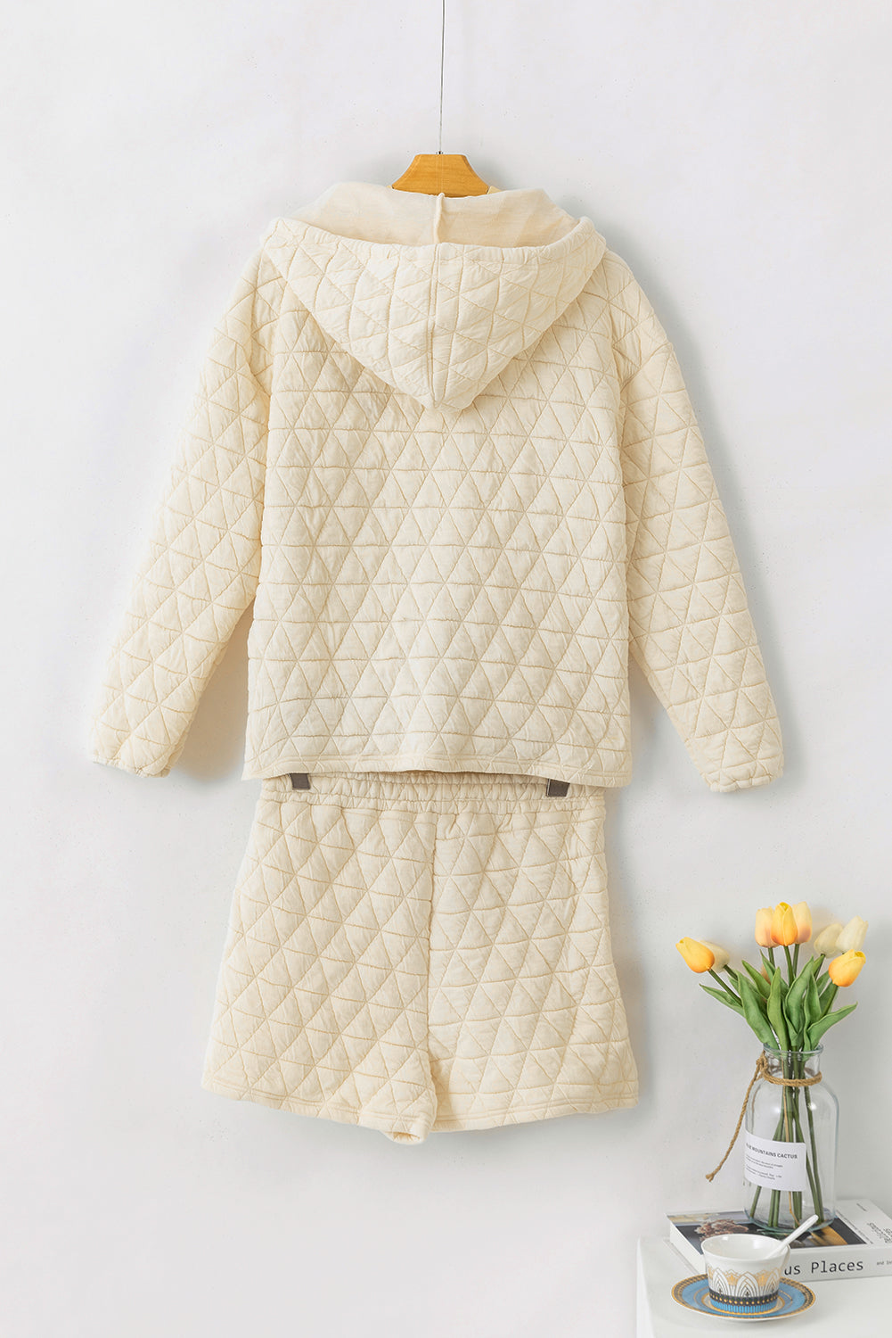 Beige Quilted V-Neck Drawstring Hoodie and Shorts Set