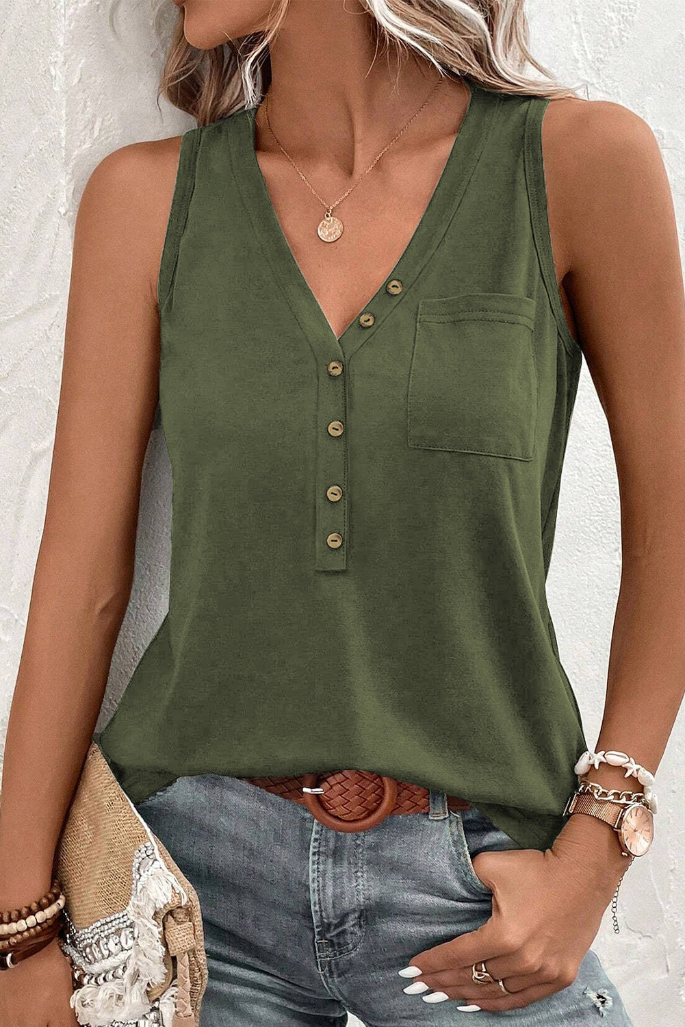 Jungle Green Half Button V Neck Pocket Pocket Top Top