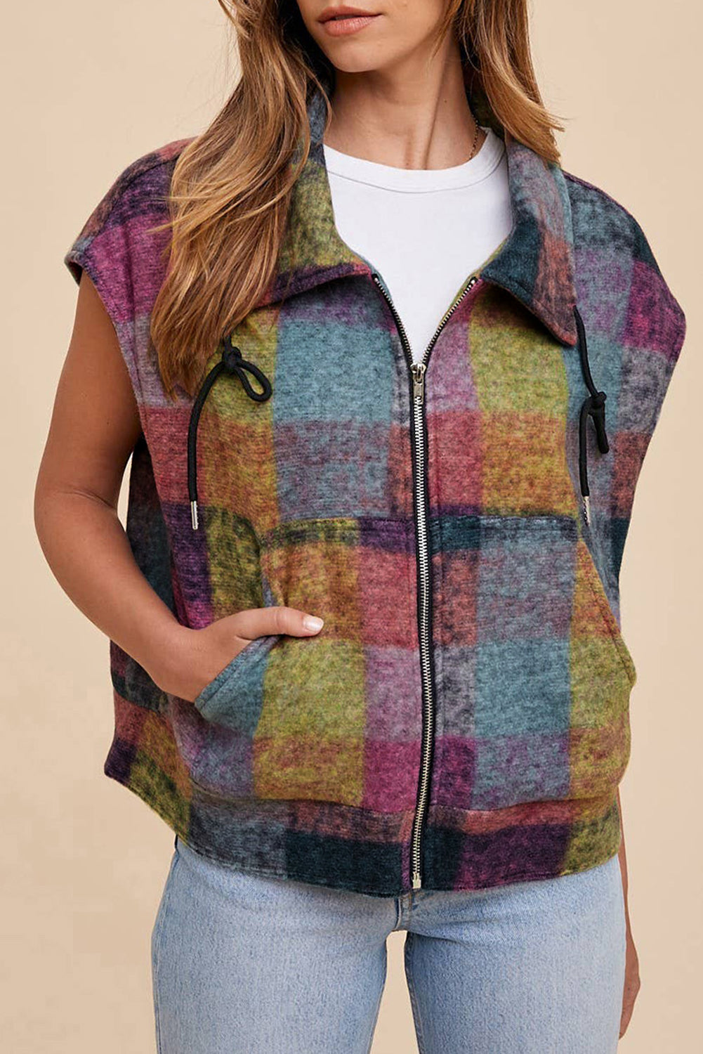 Gilet ample zippé à imprimé écossais multicolore avec poches latérales