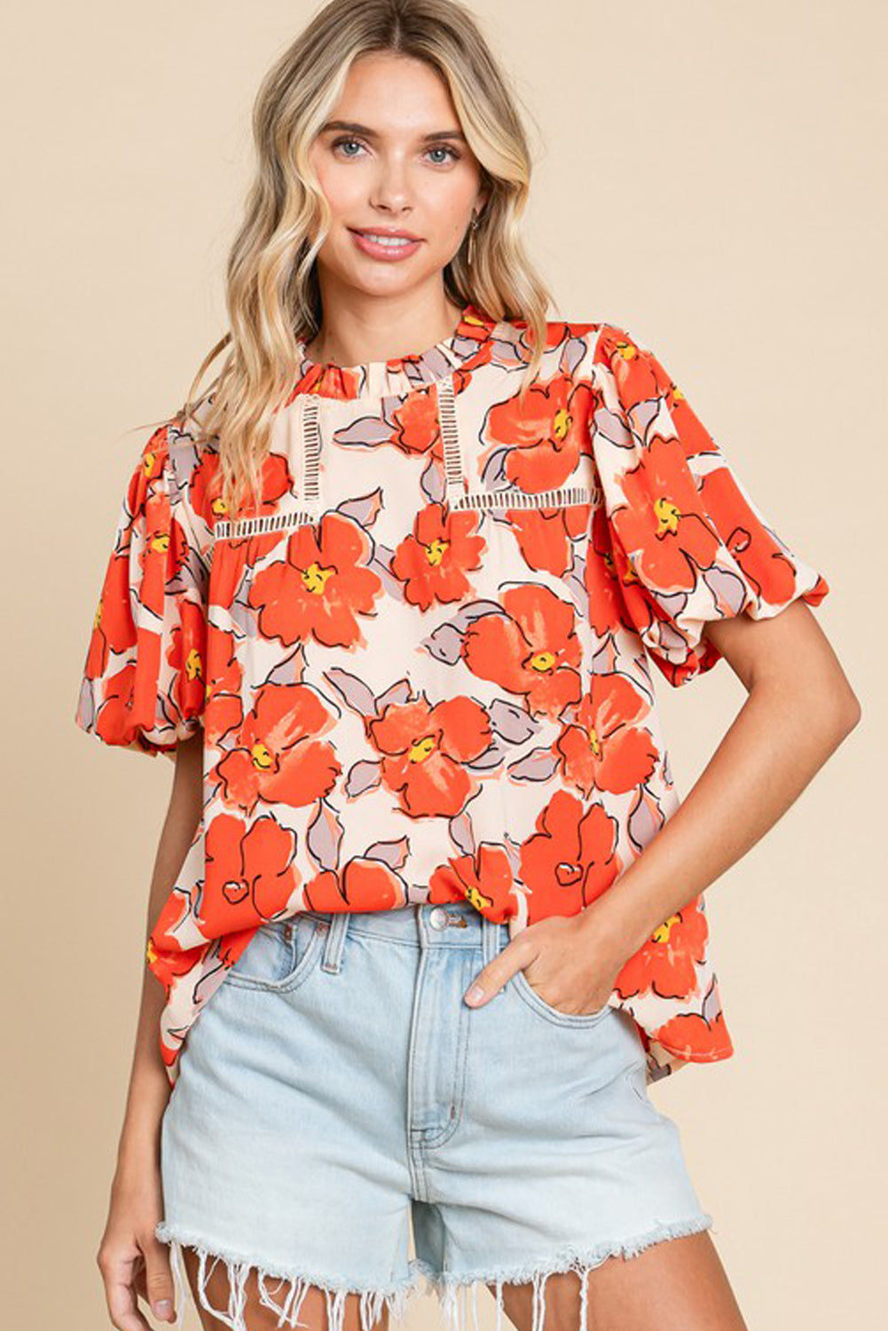 Naranja de la manga de la manga de la manga de burbujas floral blusa suelta