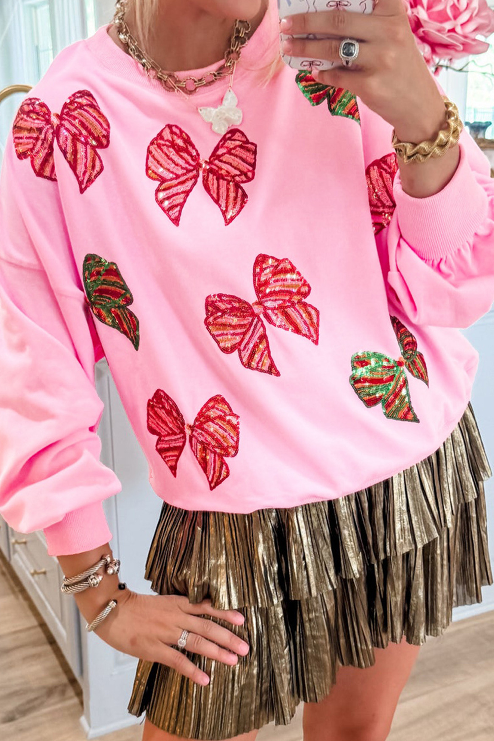 Bonbon Pailletten Bowknot Patched Graphic Christmas Sweatshirt