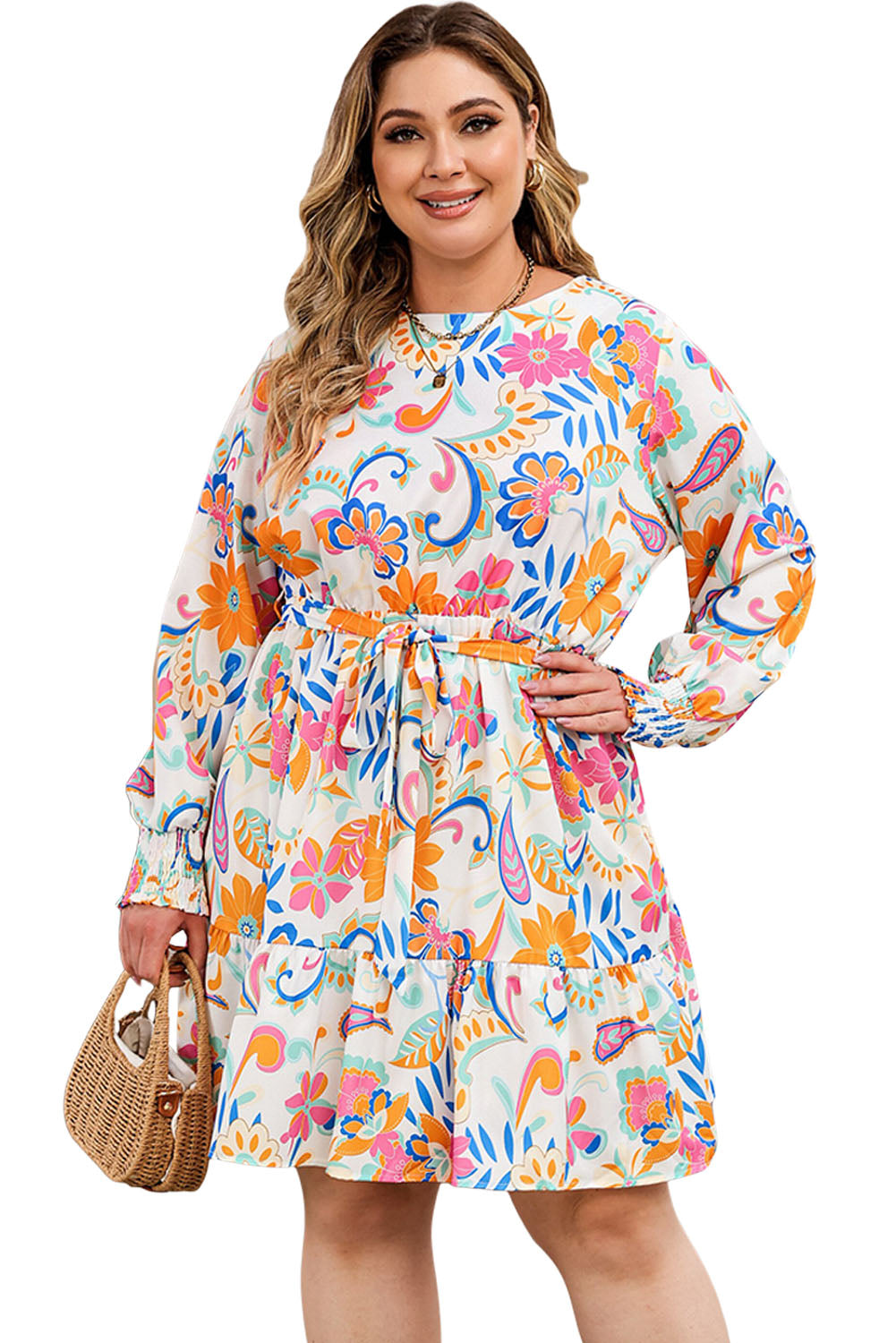 Robe orange à imprimé floral et imprimé cachemire, grande taille, ceinturée