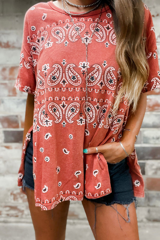 Red Paisley Print Side Slits Crew Neck T-shirt