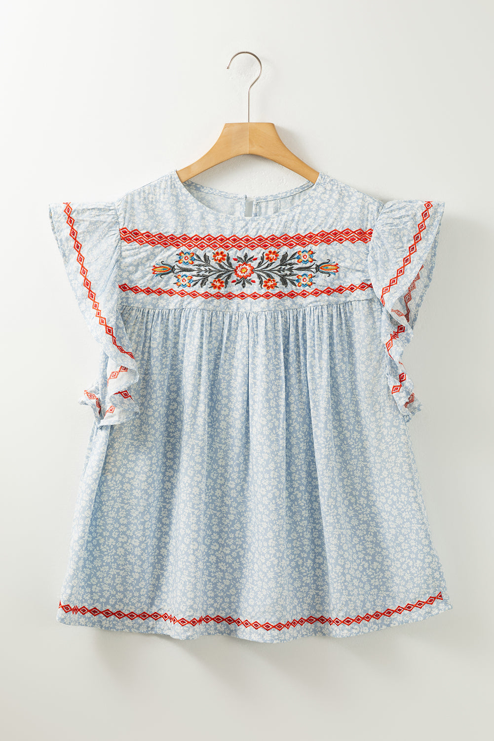 Sky Blue Boho bestickter Blumenbluse Flutterhülle