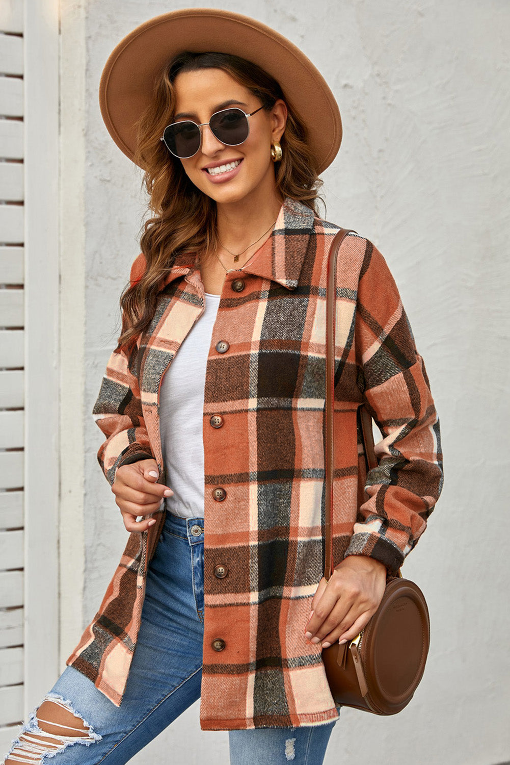 Orange Plaid Button Down Shirt Jacket