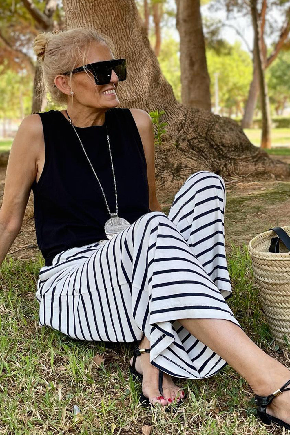 White striped wide leg pants with drawstring