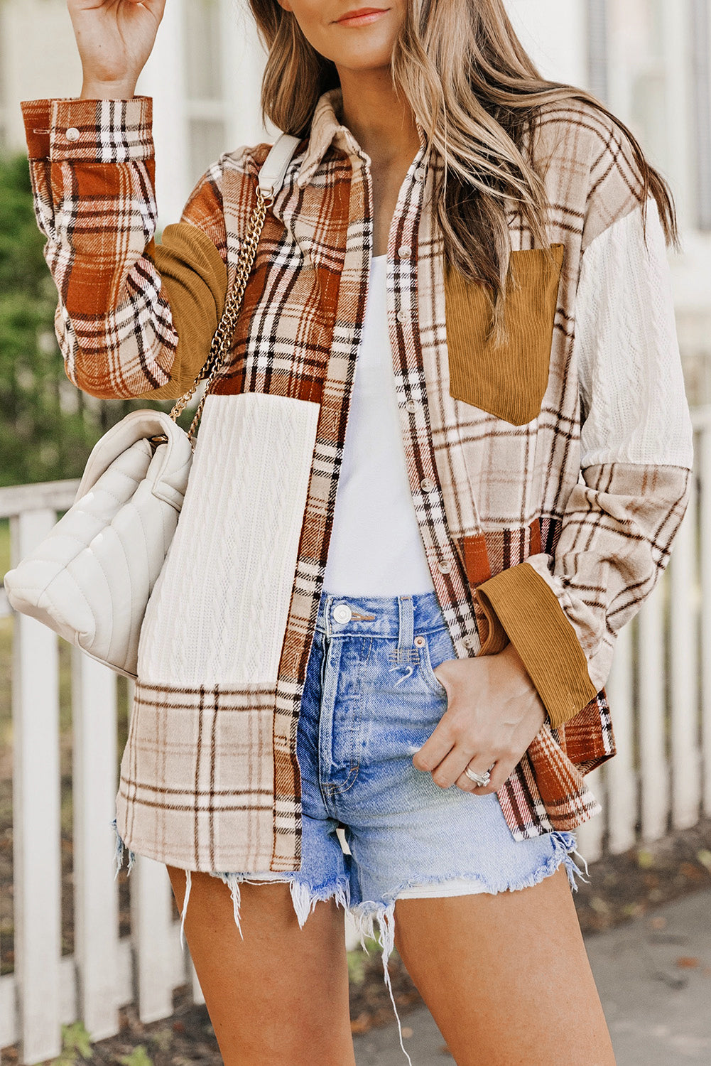 Orange plaid patchwork shirt jacket with pocket