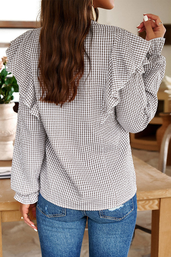 Ribbed ruffle shirt with fluffy sleeves and notched collar