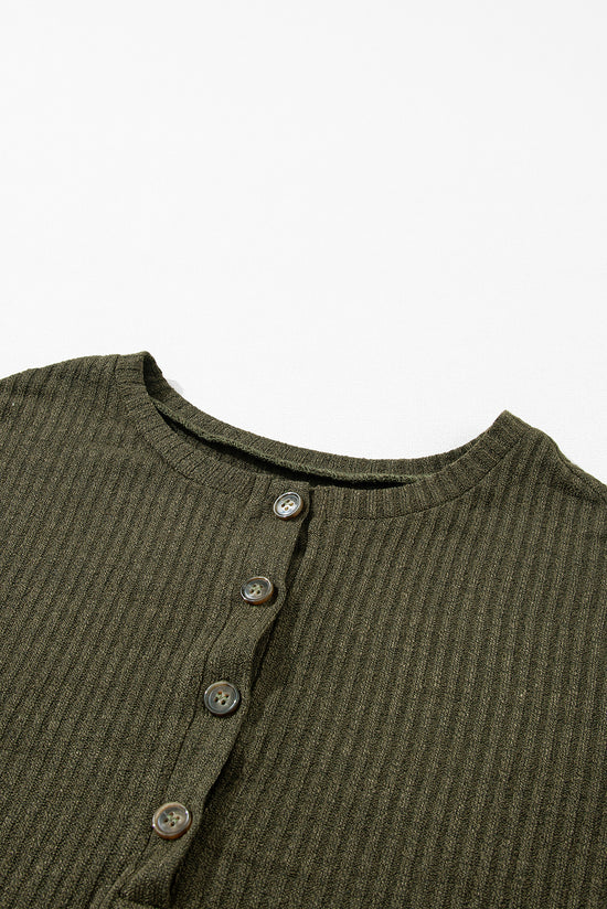 Jungle Green Ribbed Textured Henley Knit Top