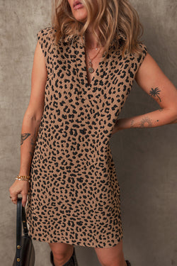 Khaki Leopard Print V-Neck Sleeveless Mini Dress