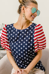 Camiseta azul marino con mangas hinchadas y rayas de estrellas del 4 de julio