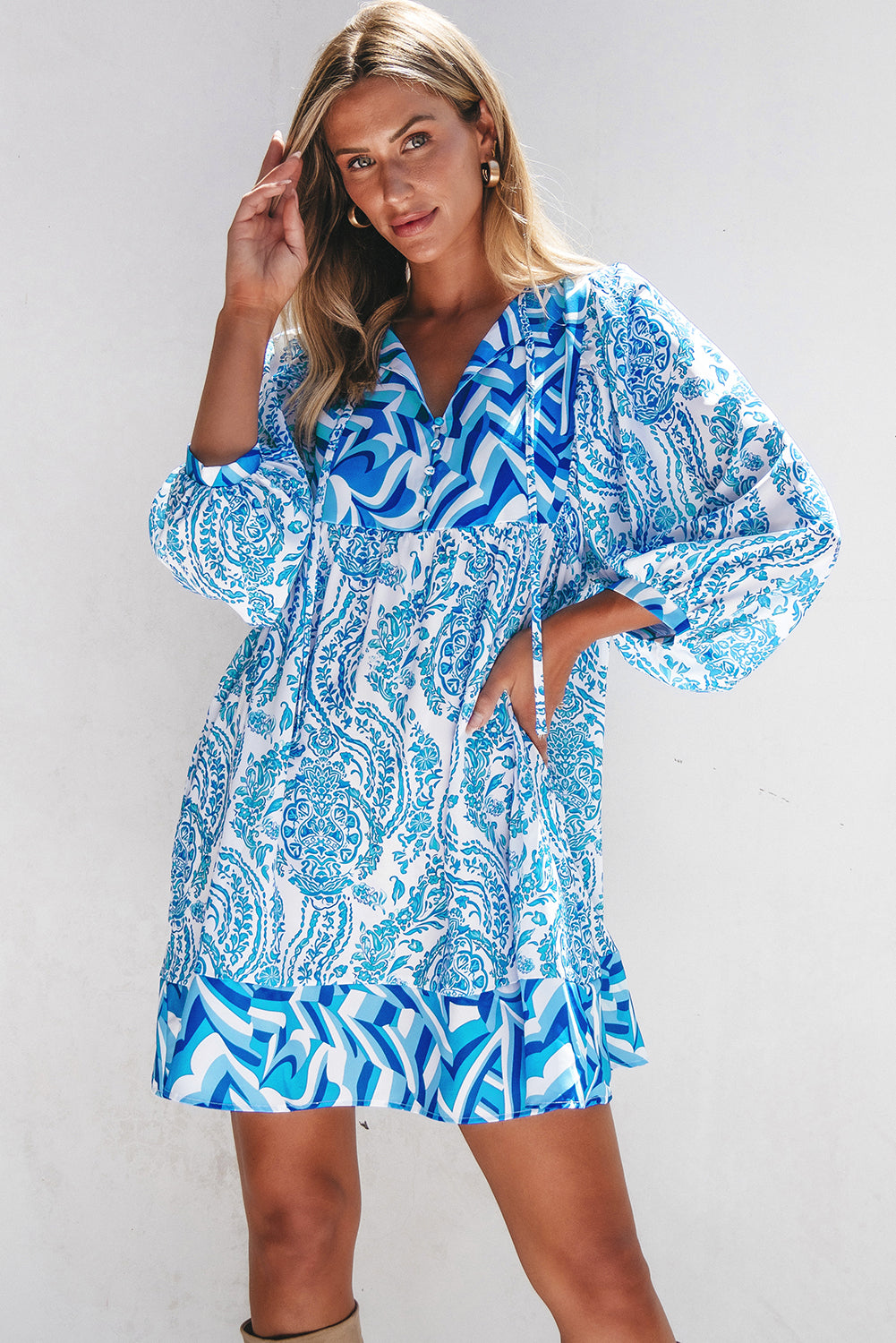 Sky Blue Bohemian Print Tie V-Neck Puff Sleeve Flared Mini Dress