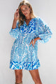 Sky Blue Bohemian Print Tie V-Neck Puff Sleeve Flared Mini Dress