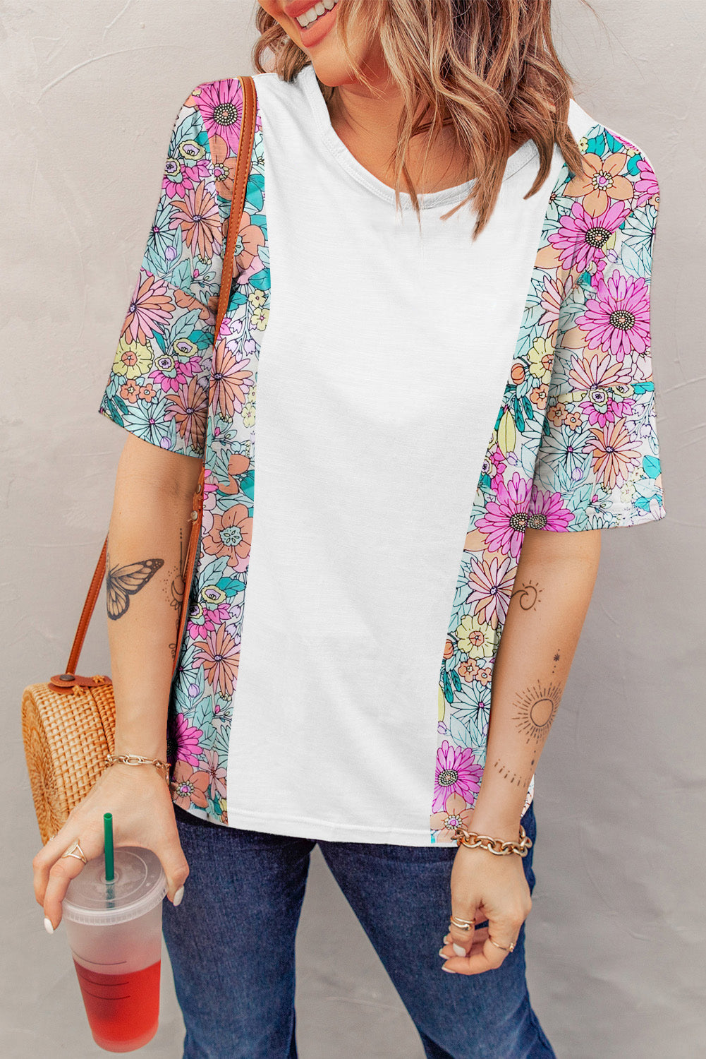 White high with short sleeves and floral print patchwork